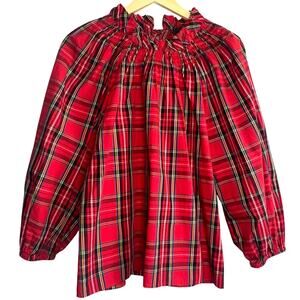 J. Crew Red Plaid Smocked Tie-Back Top Size Medium 100% Cotton